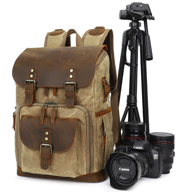 Vintage Canvas Leather Camera Backpack with Dual Buckles and Dividers