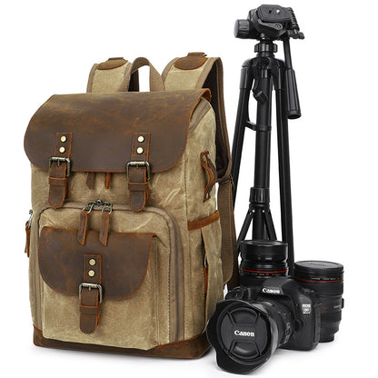 Vintage Canvas Leather Camera Backpack with Dual Buckles and Dividers