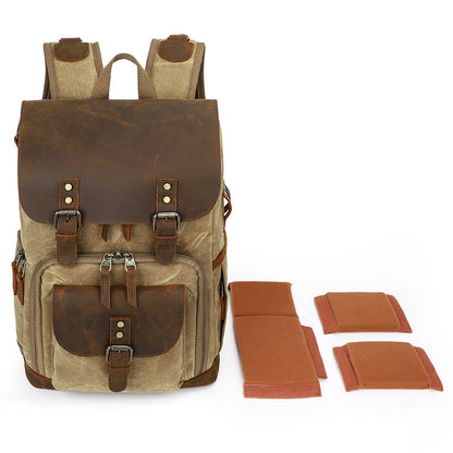 Vintage Canvas Leather Camera Backpack with Dual Buckles and Dividers