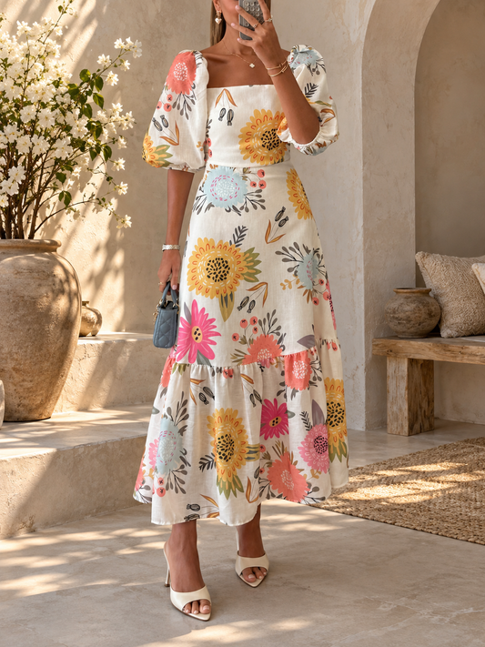 Floral Maxi Dress with Puff Sleeves and Square Neck