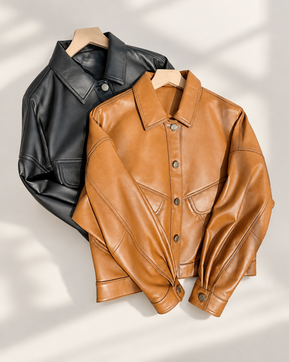 Women's Cropped Leather Jacket in Lambskin with Relaxed Moto Style