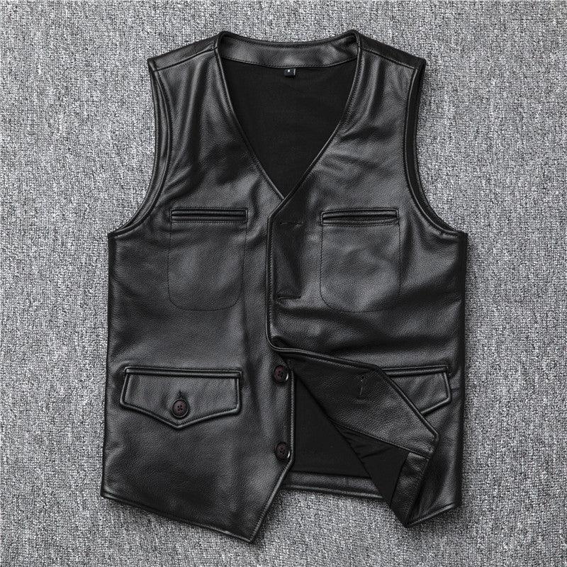Black top grain cowhide leather riding vest