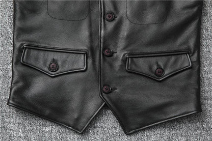 Black top grain cowhide leather riding vest