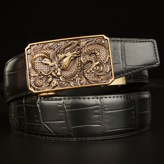 Men’s Western Cowboy Leather Belt with Dragon & Wolf Buckle