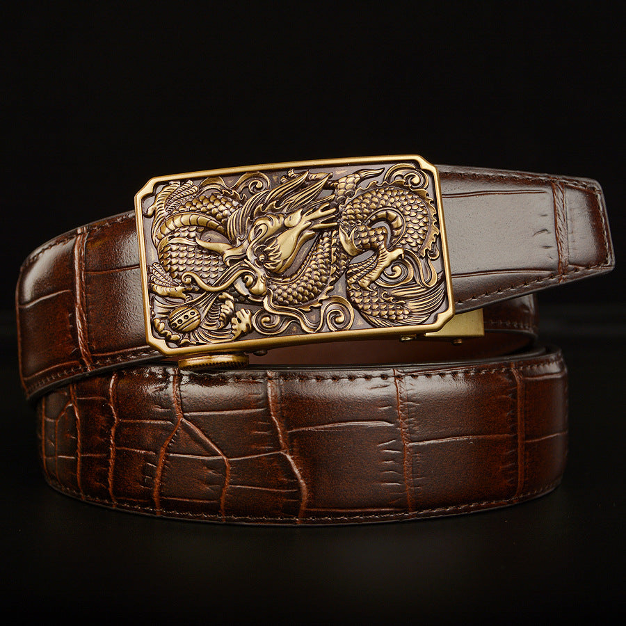 Men’s Western Cowboy Leather Belt with Dragon & Wolf Buckle
