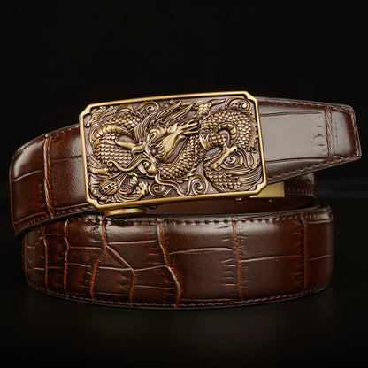 Men’s Western Cowboy Leather Belt with Dragon & Wolf Buckle