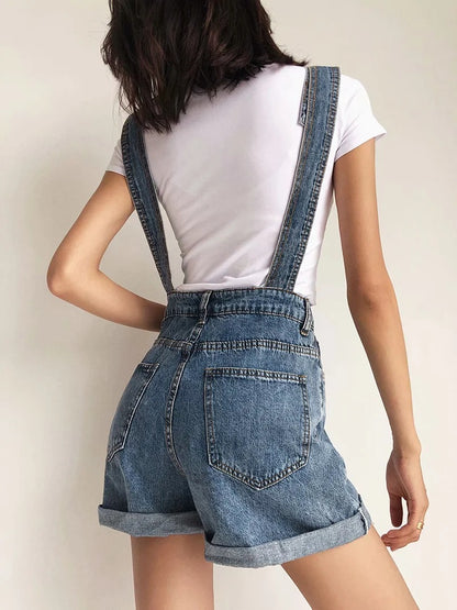 Roll Up Hem Denim Overall Romper Without Tank Top