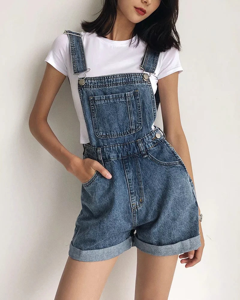 Roll Up Hem Denim Overall Romper Without Tank Top
