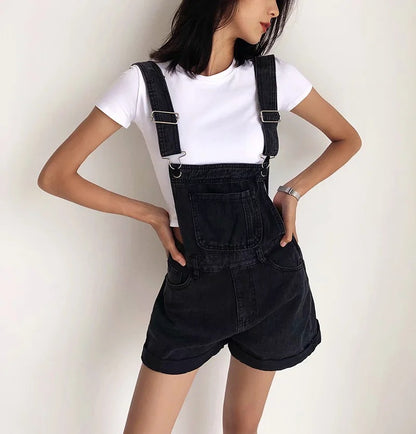 Roll Up Hem Denim Overall Romper Without Tank Top