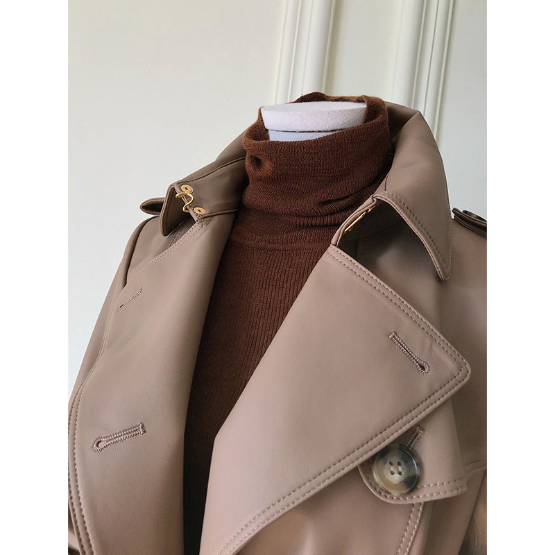 British sheepskin leather trench coat women
