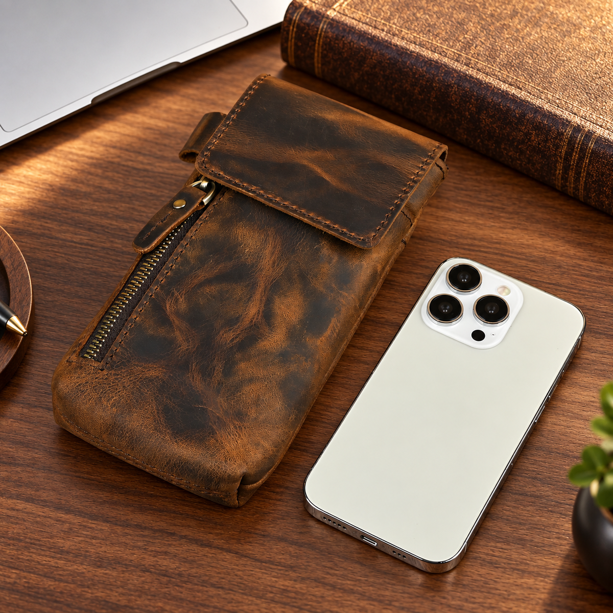 Men’s Leather Waist Bag with Vintage Phone Pouch and Zipper Pocket