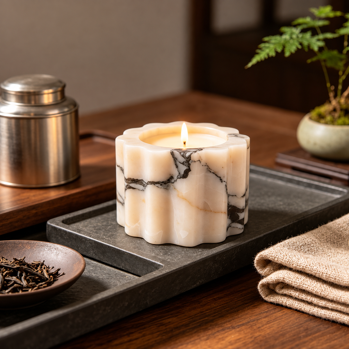 Scalloped Pink Marble Candle Holder with Floral Edges and Black Veining