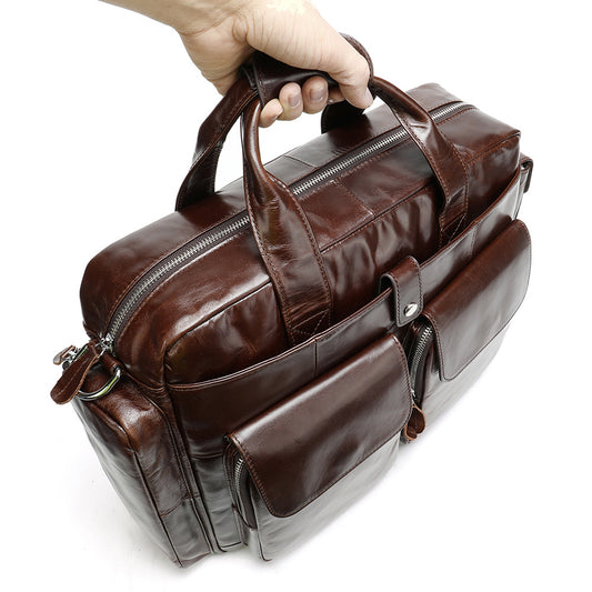Genuine Leather Office Briefcase Bag with Suitcase Sleeve