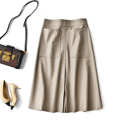 Genuine leather high waist pleated midi skirt