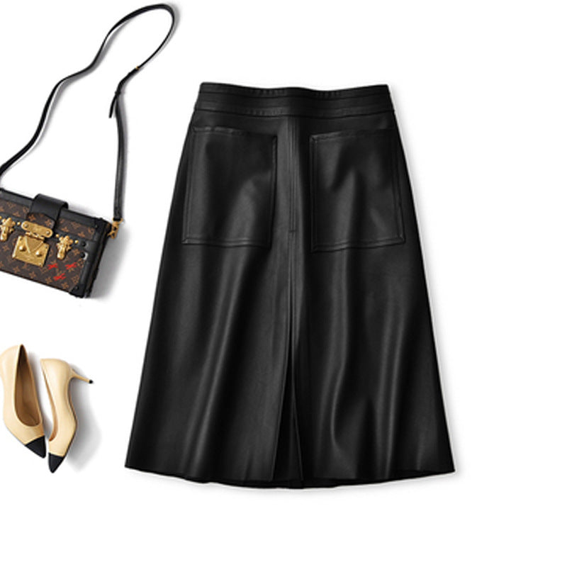 Genuine leather high waist pleated midi skirt