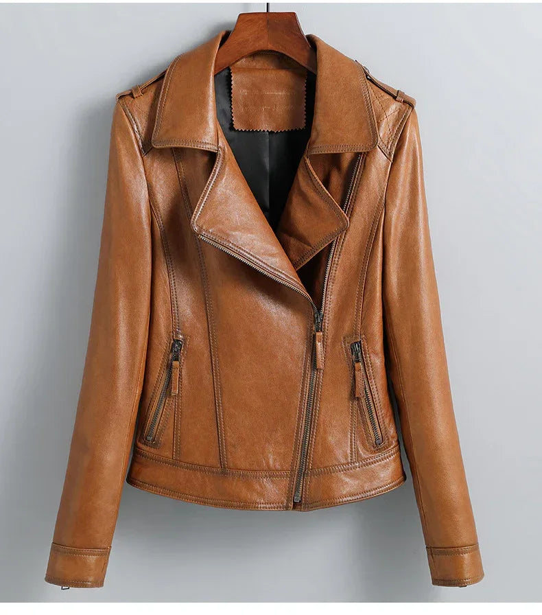Women Sheepskin Slim Fit Brown Biker Jacket