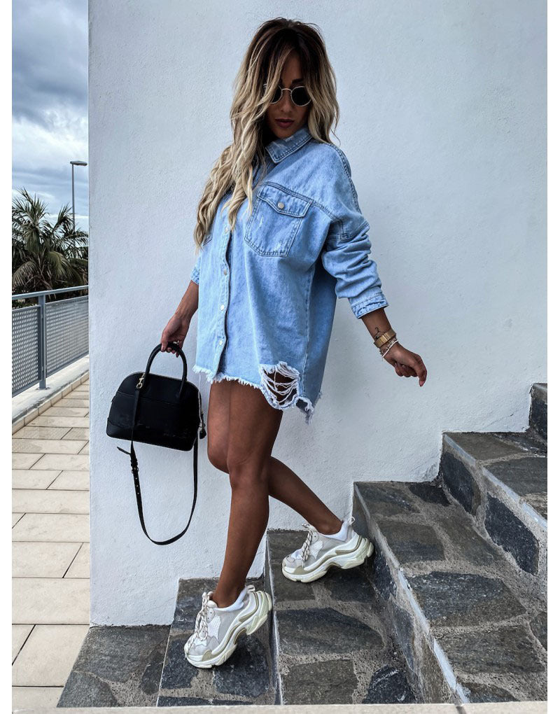 Distressed Oversized Denim Shacket Shirt Dress for Women