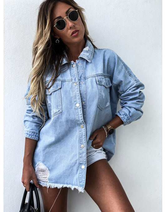 Distressed Oversized Denim Shacket Shirt Dress for Women