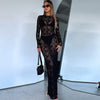 Sheer long sleeve lace maxi dress for women Black S