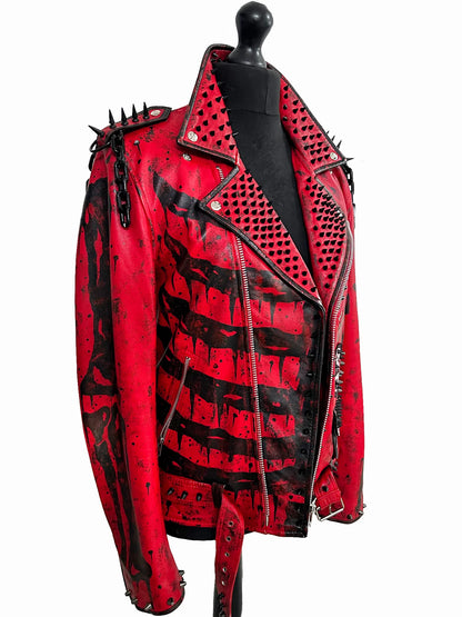 Men's Punk Painted Spiked Studded Biker Leather Jacket