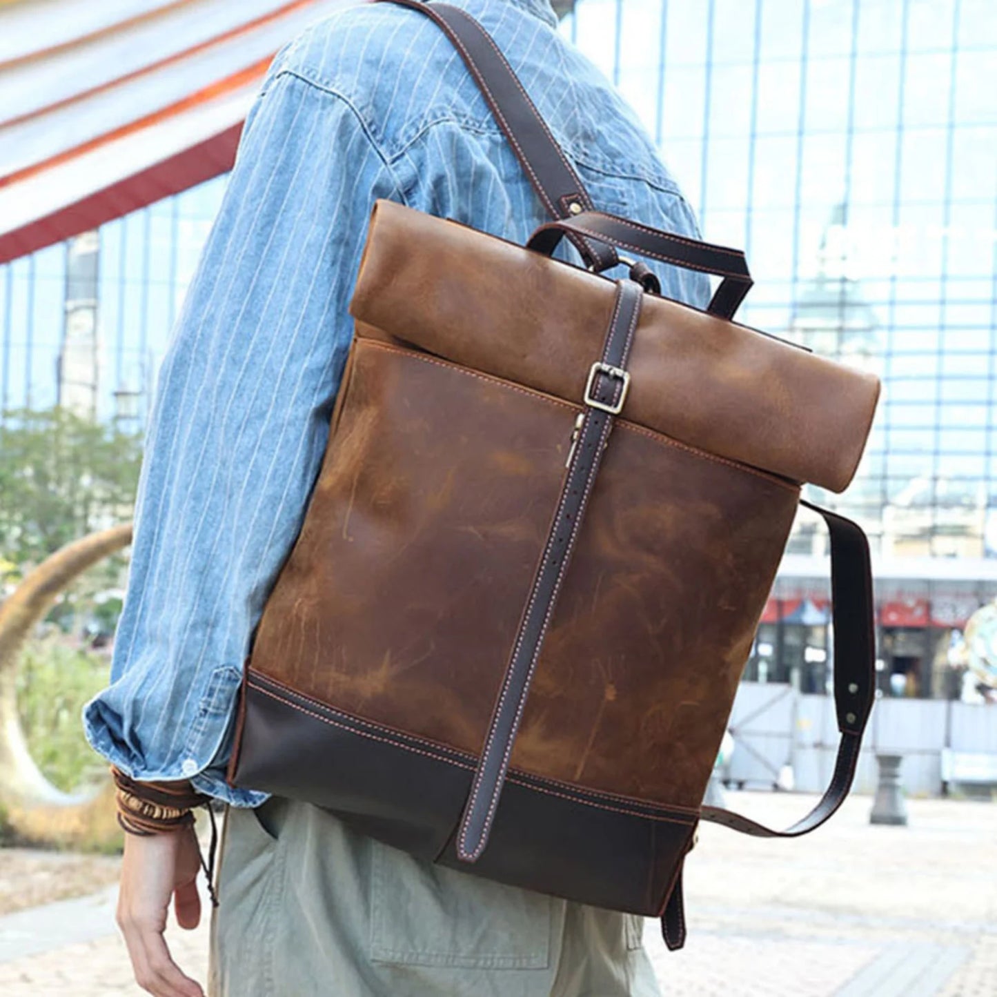 Real Leather Roll Up Backpack