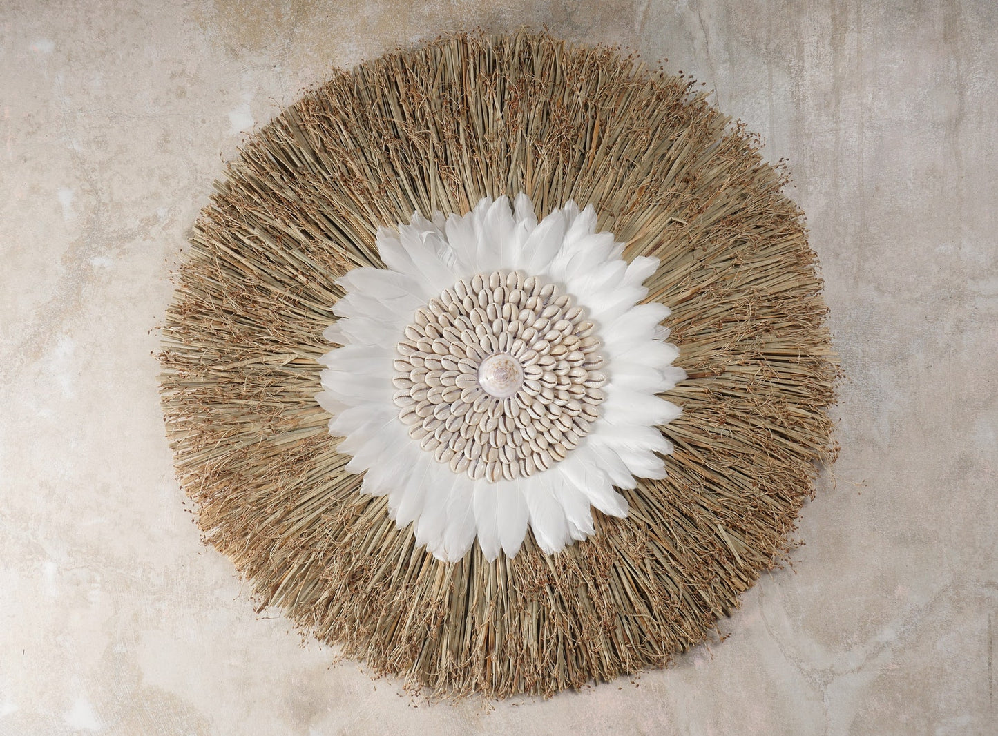 Raffia Grass Sea Shell And Feather Wall Decor