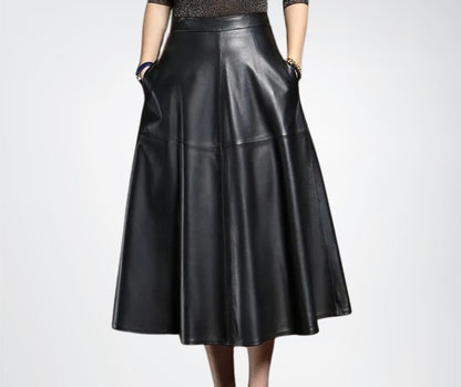 leather flared long skirt