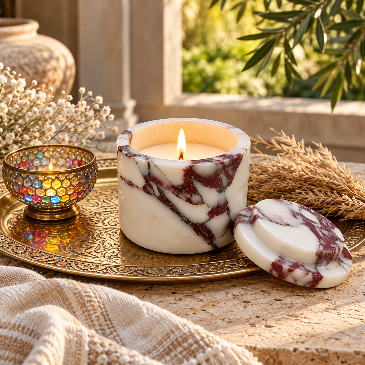 White Marble Candle Jar with Matching Lid and Natural Red Veining