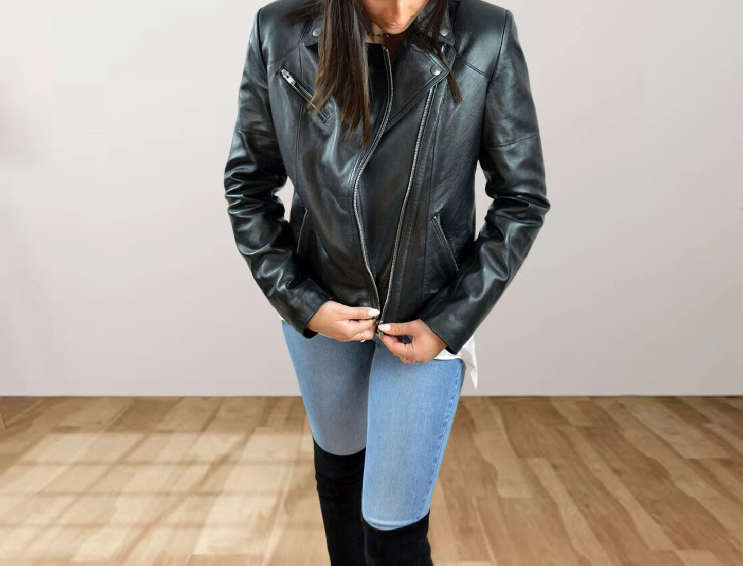 Genuine Sheepskin Leather Biker Moto Jacket