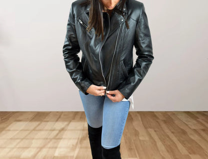 Genuine Sheepskin Leather Biker Moto Jacket