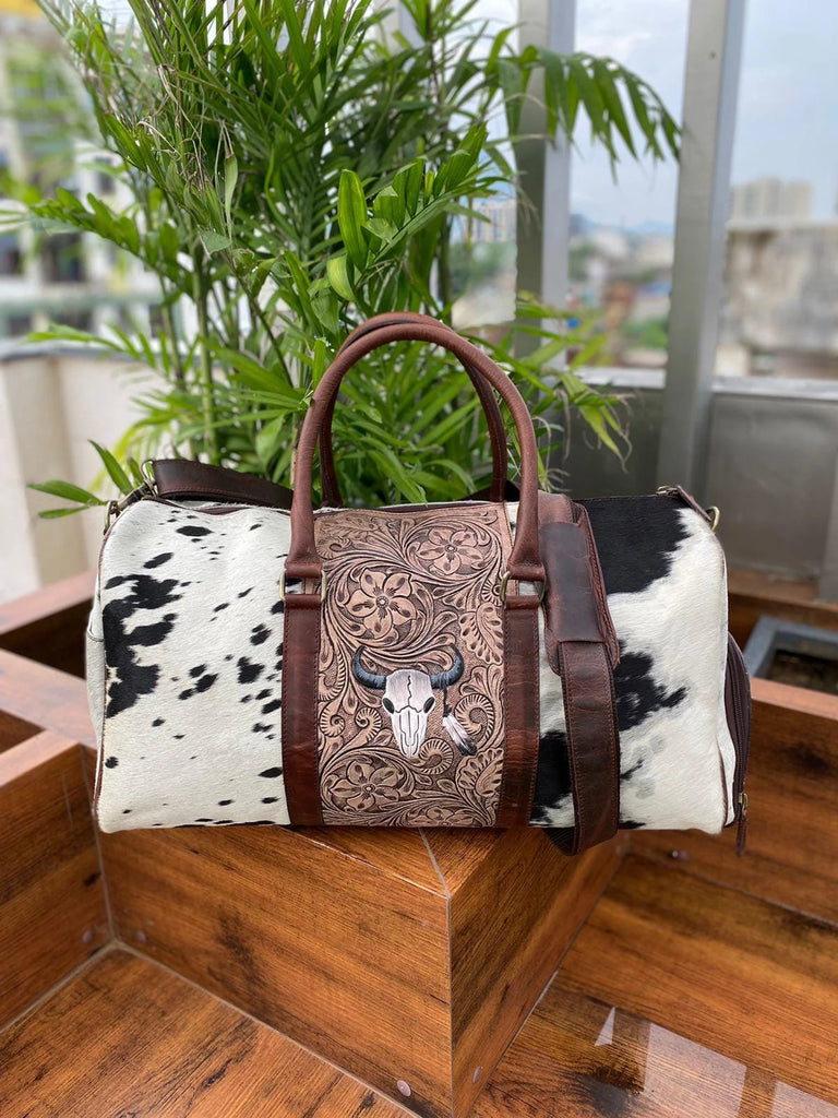 Cowhide Luggage Duffle Bag With Tooled Leather