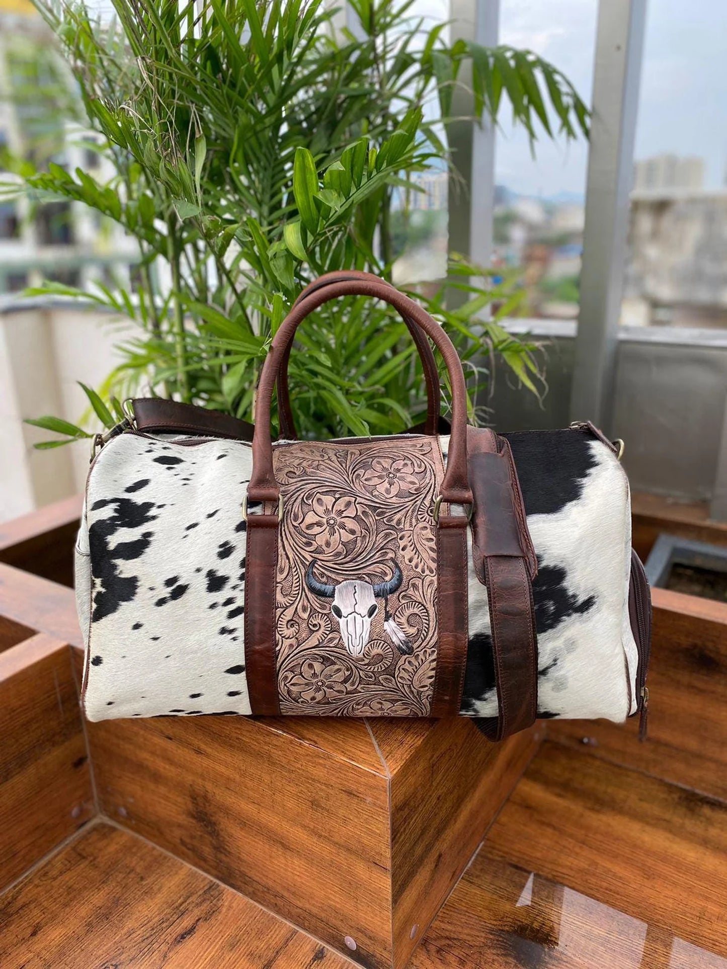 Cowhide Luggage Duffle Bag With Tooled Leather