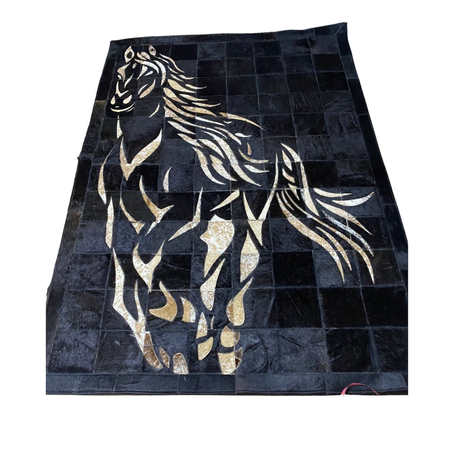 Real Cowhide Patchwork Rug with Horse Design