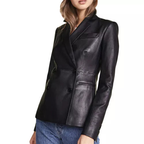 Genuine Black Leather Women's Blazer