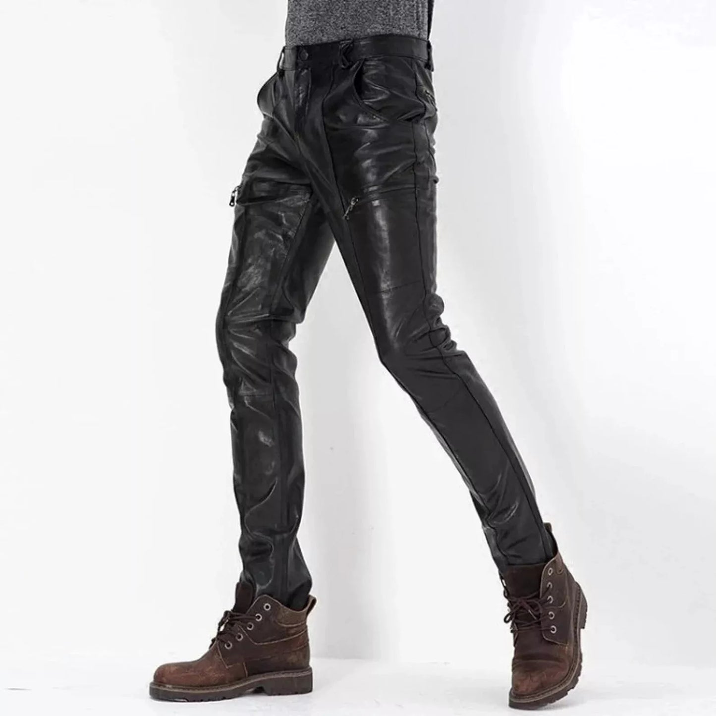 Men's Genuine Leather Black Pants Trouser