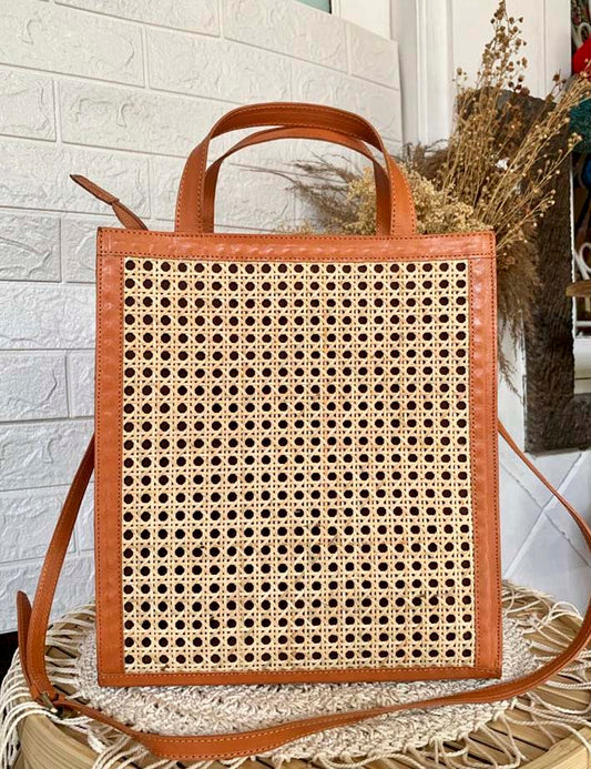 Handmade Leather Rattan Shoulder Bag