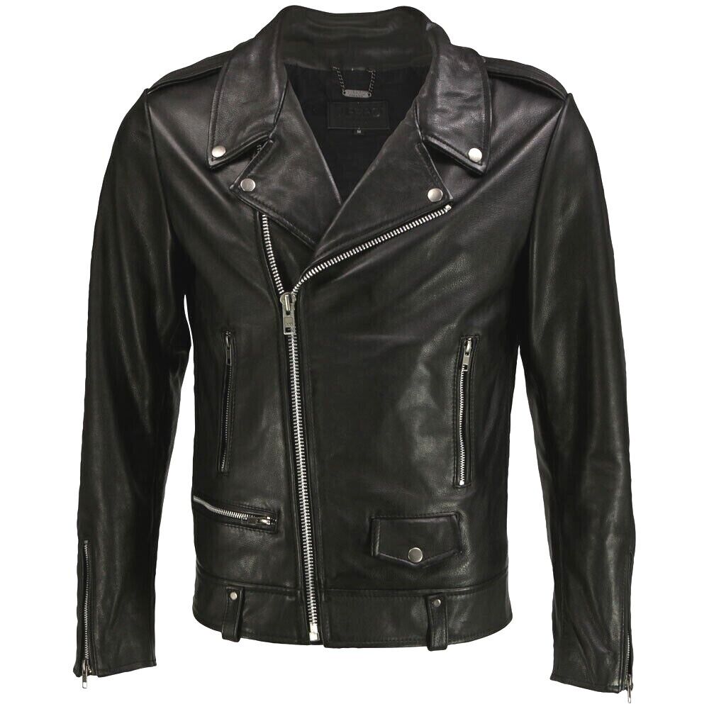 Mens Sheepskin Black Leather Jacket Biker Motorcycle