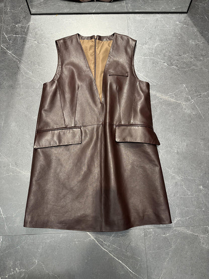 Women Oil-Waxed Genuine Leather V-Neck Vest Dress