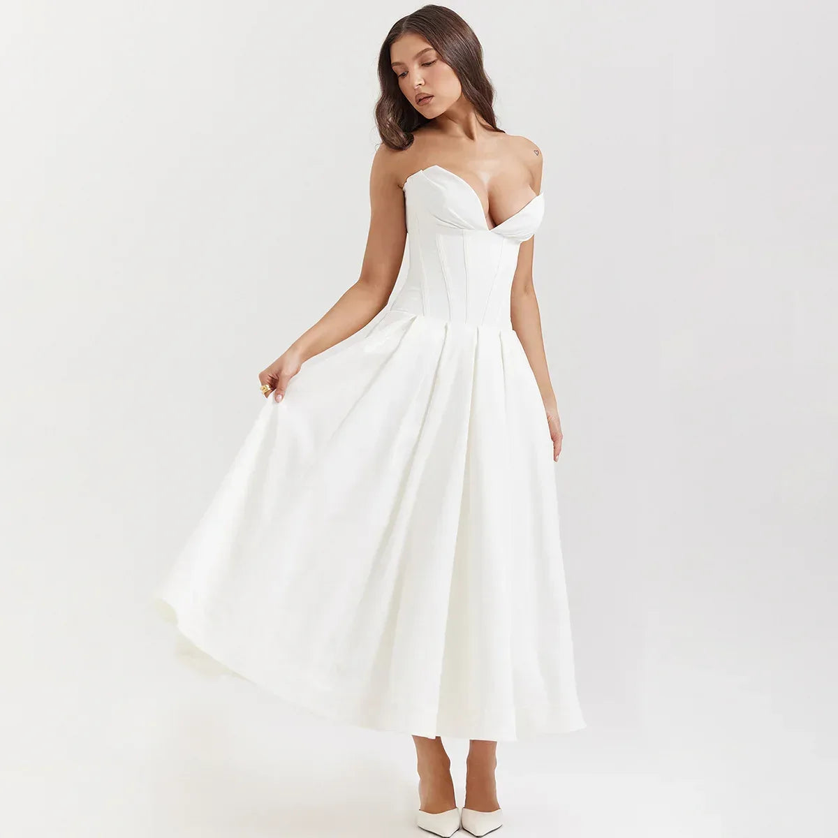 strapless v-neck corset a-line long dress White S