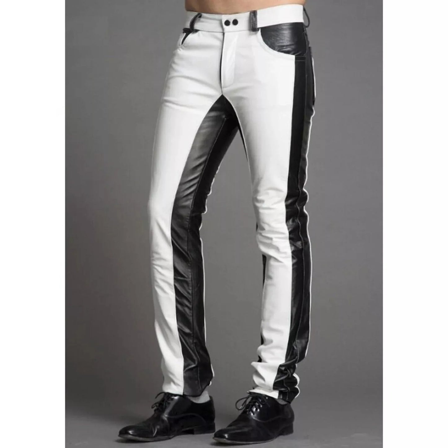 Genuine Leather Pants Men Black White