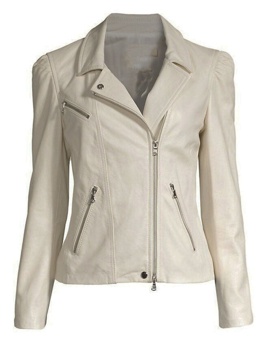 Women's White Leather Biker Jacket