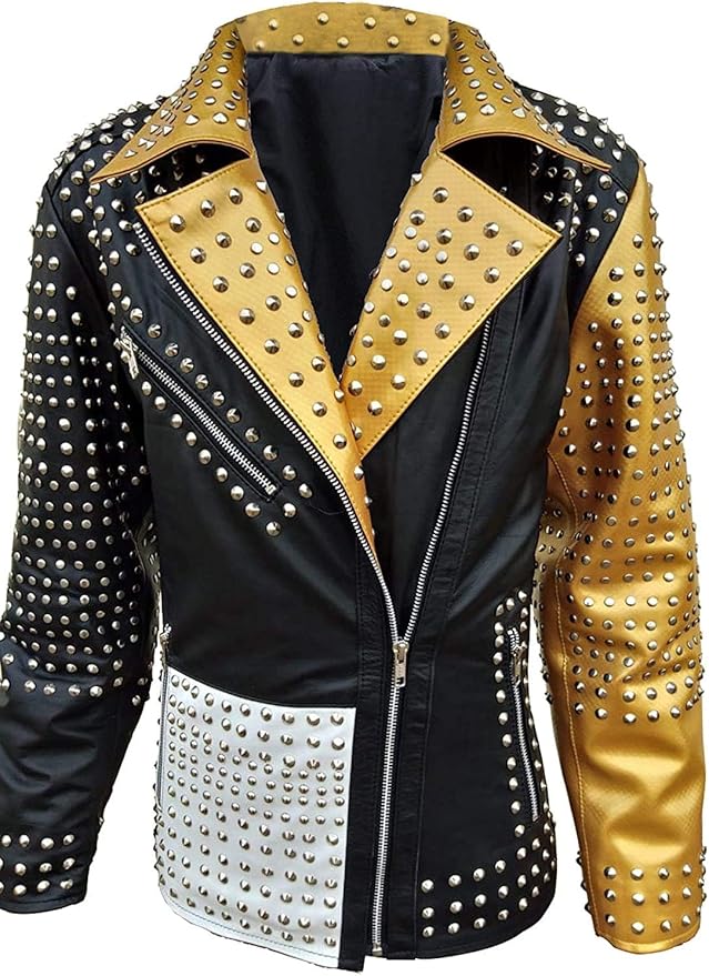 Women’s Studded Punk Golden Black Leather Jacket