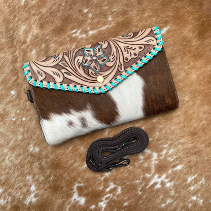 Tooled Cowhide Wallet Brown White