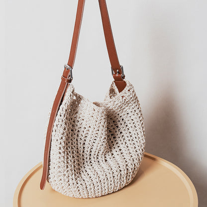 Woven Summer Shoulder Beach Bag with Leather Base