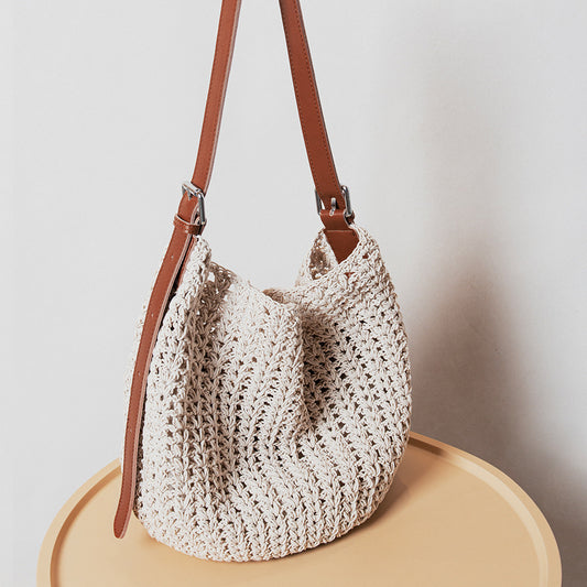 Woven Summer Shoulder Beach Bag with Leather Base