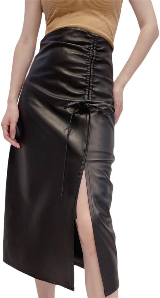 Women Real Leather Thin Slit Long Skirt