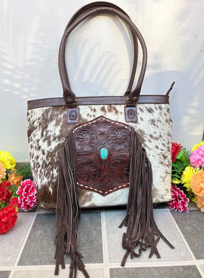 Cowhide Tooled Leather Handbag Fringe