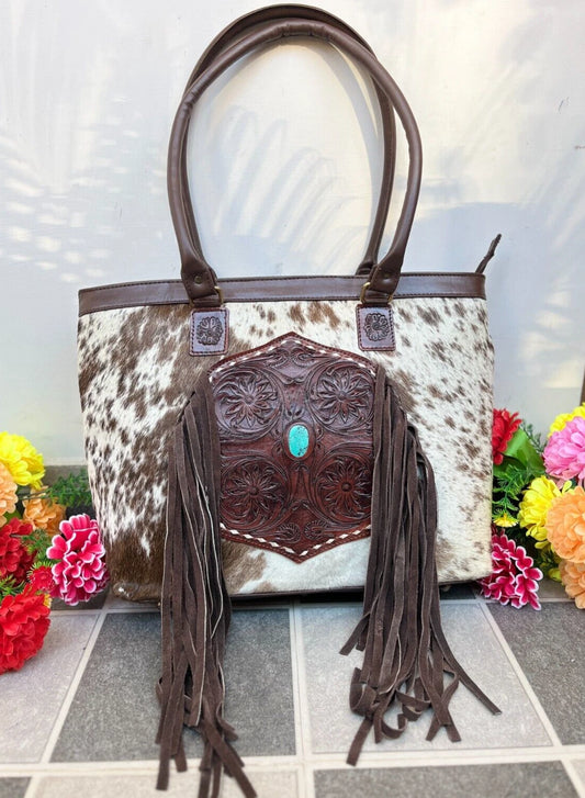 Cowhide Tooled Leather Handbag Fringe