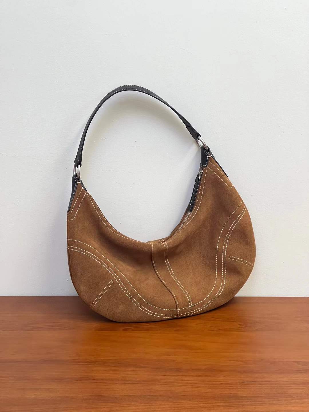Suede Leather Underarm Crescent Shoulder Bag