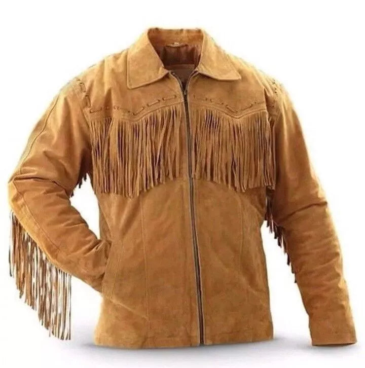 Men Western Cowboy Suede Leather Jacket With Fringe